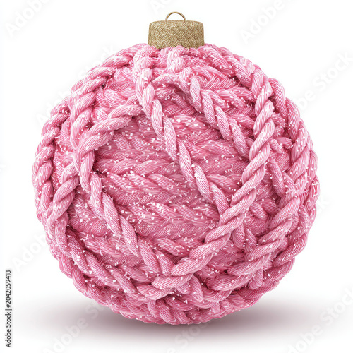 Pink braided Christmas ball ornament with rope texture and snow