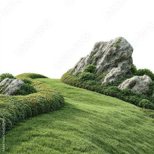 Green grass field with large rock and bush landscape