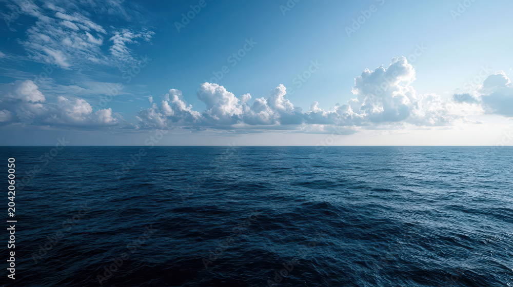 Fototapeta premium Serene Ocean Panorama: Calm Blue Waters Meet Sky's White Clouds, Inspiring Peace