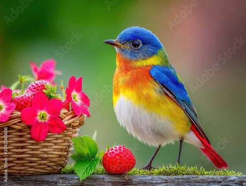 Exotic Bird Perched on Woven Basket with Strawberries and Cherries in Green Outdoors