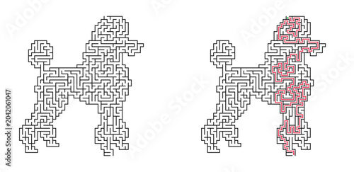 Poodle shaped maze with solution. Fluffy dog silhouette labyrinth, black and white flat vector logic puzzle game