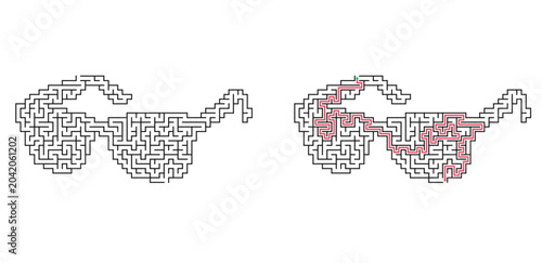 Sunglasses shaped maze with solution. Summer accessory labyrinth puzzle, black and white flat vector illustration