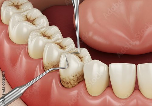 Close up of a dentist performing a deep cleaning on teeth to remove heavy tartar and plaque using dental tools