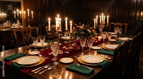 Elegant Dinner Setting, Table Arrangement, Luxurious Dining Room, Photography, Evening Ambiance, Close-up View, Fine Dining Concept