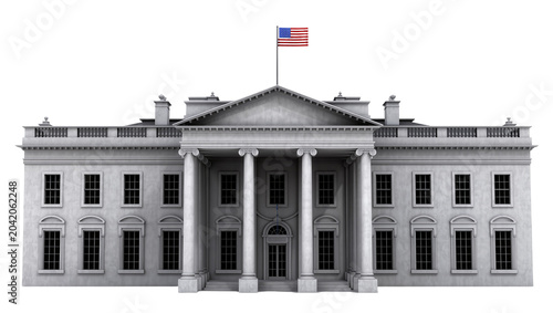 White House building with columns and American flag