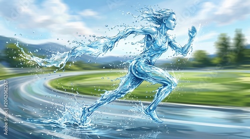 Running woman made of water on a track in a park during daytime under a clear sky with green trees