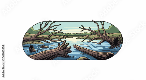 A stylized pixel art scene of a tranquil swamp with fallen trees