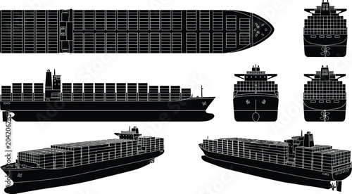 Set of cargo ship illustrations in silhouette, showing top view, side profile, front and rear views on transparent background vector.