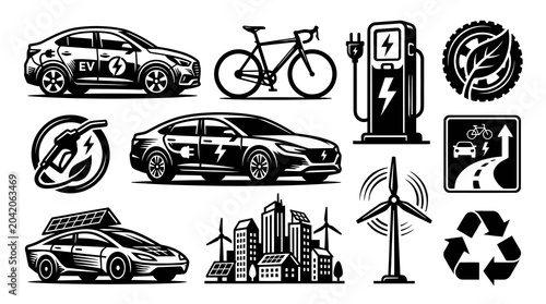 Electric Vehicle Transportation and Sustainable Smart City Icons Set