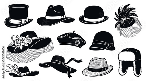 Classic Elegance Ladies and Mens Vintage Hats Icons Set