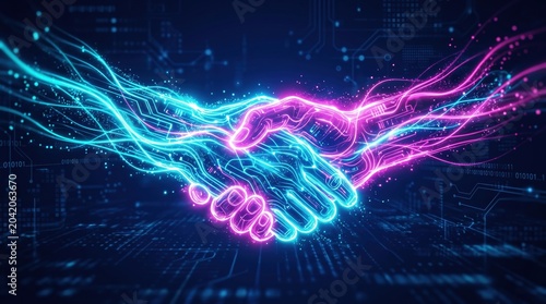 Digital hands connect in a tech-inspired scene showing unity and cooperation in a virtual landscape