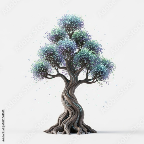 Fantasy Tree with Twisted Trunk and Colorful Foliage on White Background.