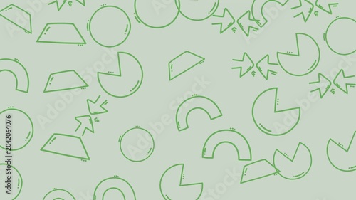 Green geometric shapes circles triangles pacman figures arrows abstract wallpaper pattern background suitable for graphic design projects and modern digital art creations.