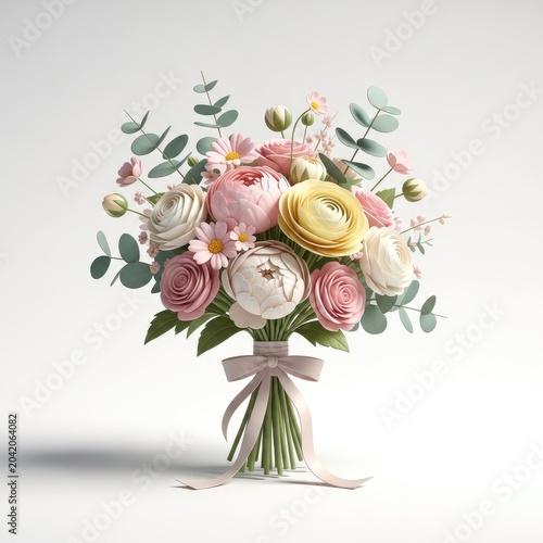 Elegant Pastel Floral Bouquet with Ribbon on White Background.