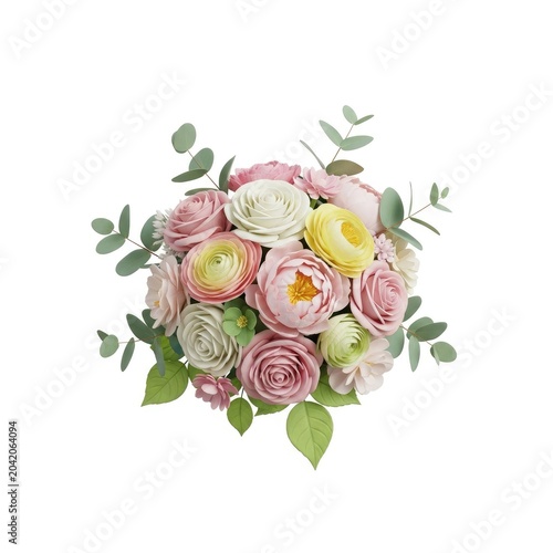 Elegant Pastel Ranunculus and Rose Bouquet with Eucalyptus Leaves.