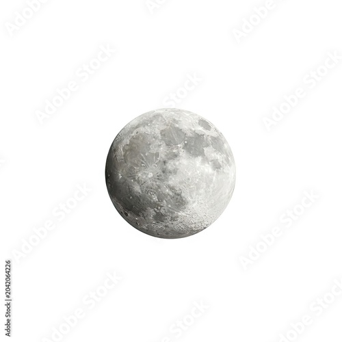 Full Moon Isolated on White Background with Craters and Lunar Surface Details.
