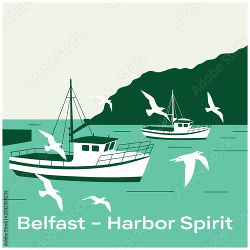 Minimalist Vector Illustration of Fishing Boats and Seagulls in Belfast Harbor with Coastal Landscape and Ocean Scene