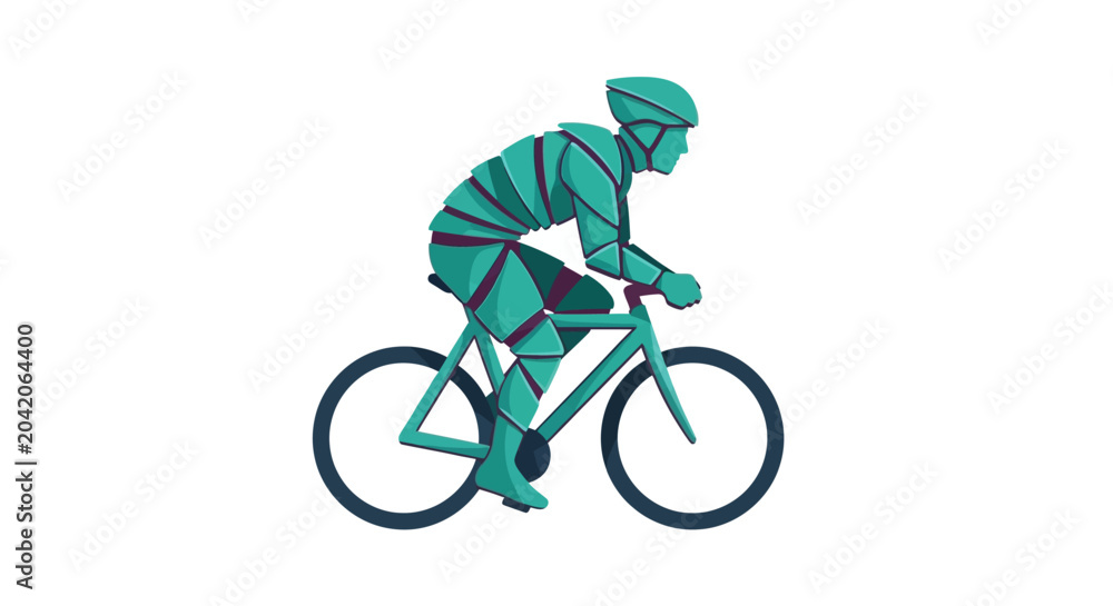 Fototapeta premium Abstract Cyclist Riding Bicycle, Geometric Shapes, Teal and Purple