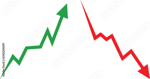Konstfotografi Green rising arrow and red falling arrow showing business growth and market decl