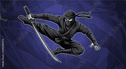 Agile fighter leaps mid-air with sword, dressed in dark, masked attire