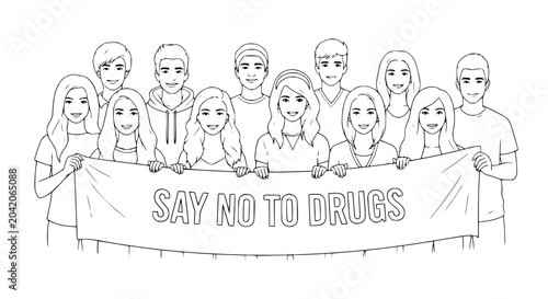 Fotografi Diverse group of young people holding a banner saying 'Say No To Drugs'