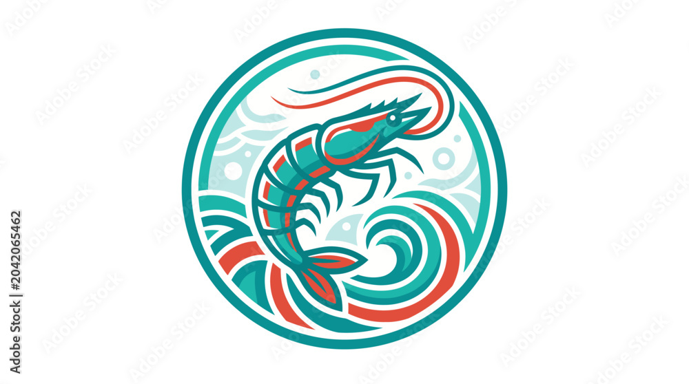 Obraz premium Stylized circular emblem featuring a jumping shrimp in a modern graphic design style.