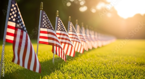 Row of American Flags Planted in Green Grass with Golden Sunset Bokeh Background Memorial Day
