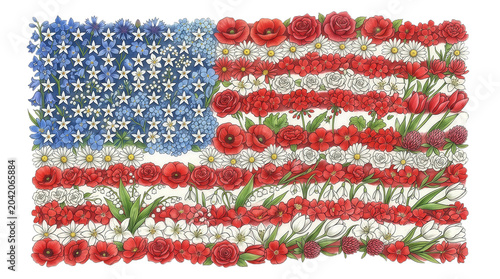 United states flag composed of various red white and blue floral elements including tulips lilies and clovers digital artwork.