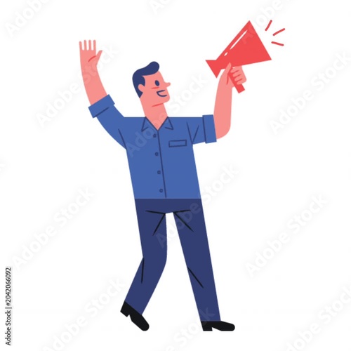 Animated cartoon businessman raising a megaphone while waving, representing promotion, advertising, communication and marketing campaigns.