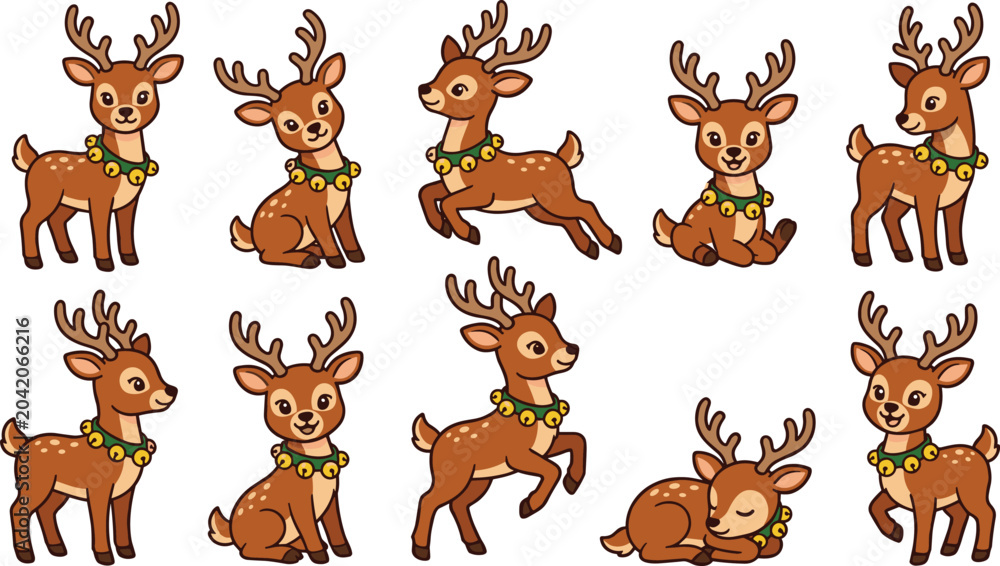 Obraz premium Cute Cartoon Christmas Reindeer Character Set Various Poses Bell Collar Jumping Sleeping Sitting Holiday Festive Vector Illustration