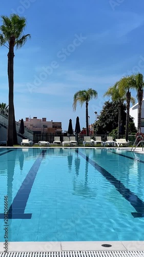 empty luxury swimming pool with palm trees under clear blue sky