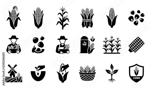 Photos Simple flat corn and maize silhouette icon collection for agriculture and food d