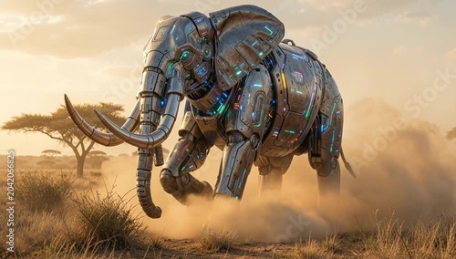 Majestic robotic elephant roaming through a dusty savanna under a warm sunset sky