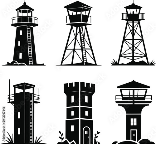 Valokuva Watchtower and lighthouse silhouette set vector
