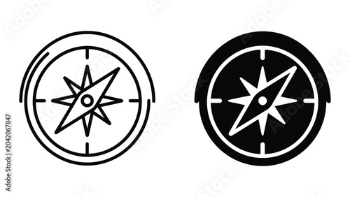 Navigation compass icon set featuring directional tool design in outline and solid black styles for travel and adventure apps