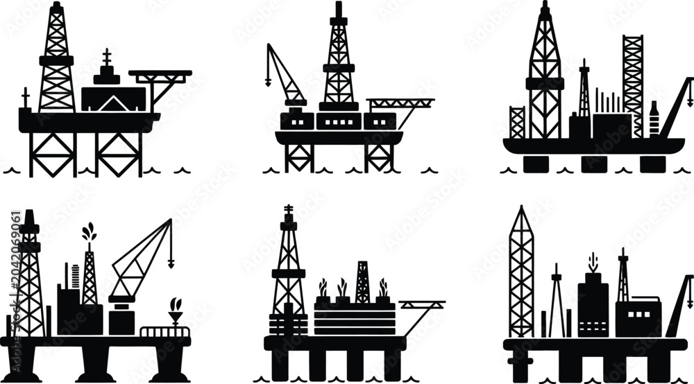 Fototapeta premium Offshore Oil Rig Platform Silhouette Icon Set vector