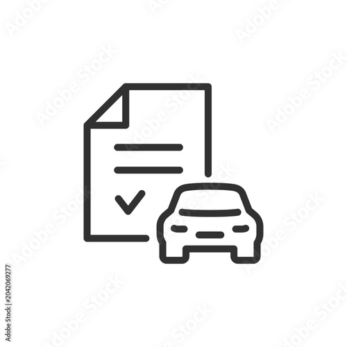 Document with car, linear style icon. Vehicle registration and automotive paperwork. Editable stroke width