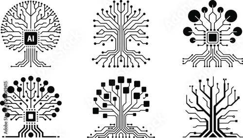 Digital circuit tech tree logo icon set vector