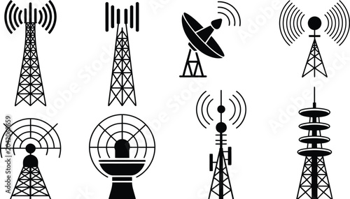 Communication tower antenna icon set vector