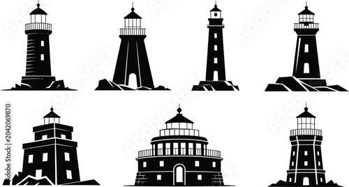 Foto Nautical lighthouse silhouette set icon vector