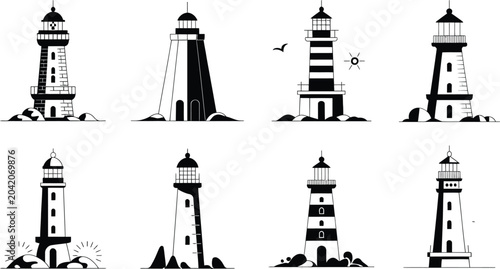 Obraz na płótnie Nautical lighthouse silhouette set icon vector