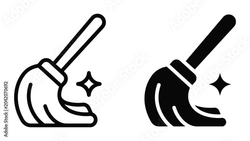 Foto Mop cleaning tool icon set with sparkling effect in outline and solid black styl