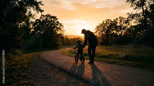 Caring father helping his young child learn to ride a small bicycle on a paved path during a golden sunset