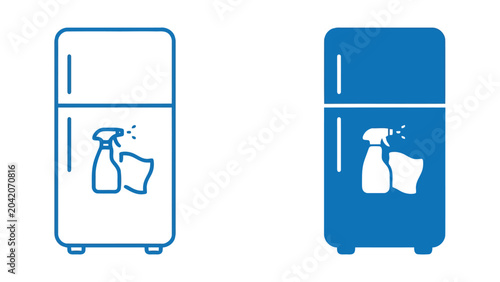 Foto Refrigerator cleaning icon set with spray bottle and cloth in blue outline and s