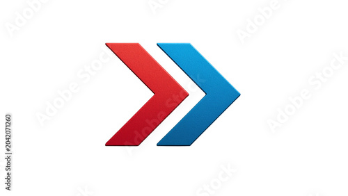 A minimalist graphic design featuring two chevron arrows, one red and one blue, pointing to the right against a solid white background
