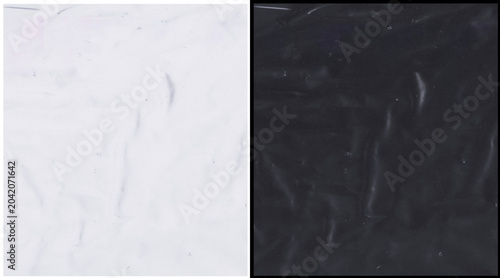 Bild auf Leinwand Crumpled plastic wrap texture set, black and white wrinkled cellophane film back