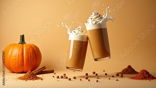 Two glasses of pumpkin spice latte with whipped cream and cinnamon, surrounded by pumpkin, cinnamon sticks, and spices on a warm orange background