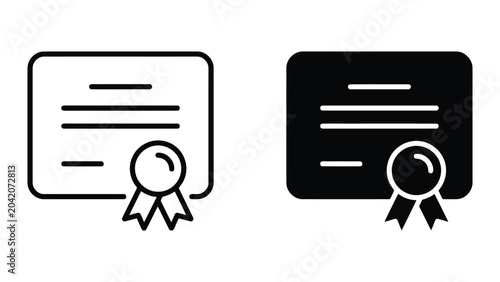Certificate or diploma document icon with ribbon seal in outline and solid black vector styles