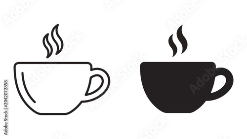 Hot coffee cup vector icon set with steam effect in minimalist outline and solid black graphic styles for cafe branding menu design and beverage industry promotional material or digital applications