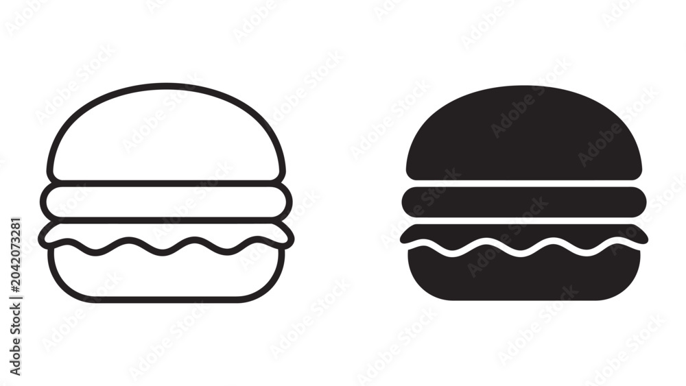 Fototapeta premium Hamburger food icons set in outline and solid black styles for restaurant menu and food delivery app design projects and fast food branding assets for mobile and web interface user experiences